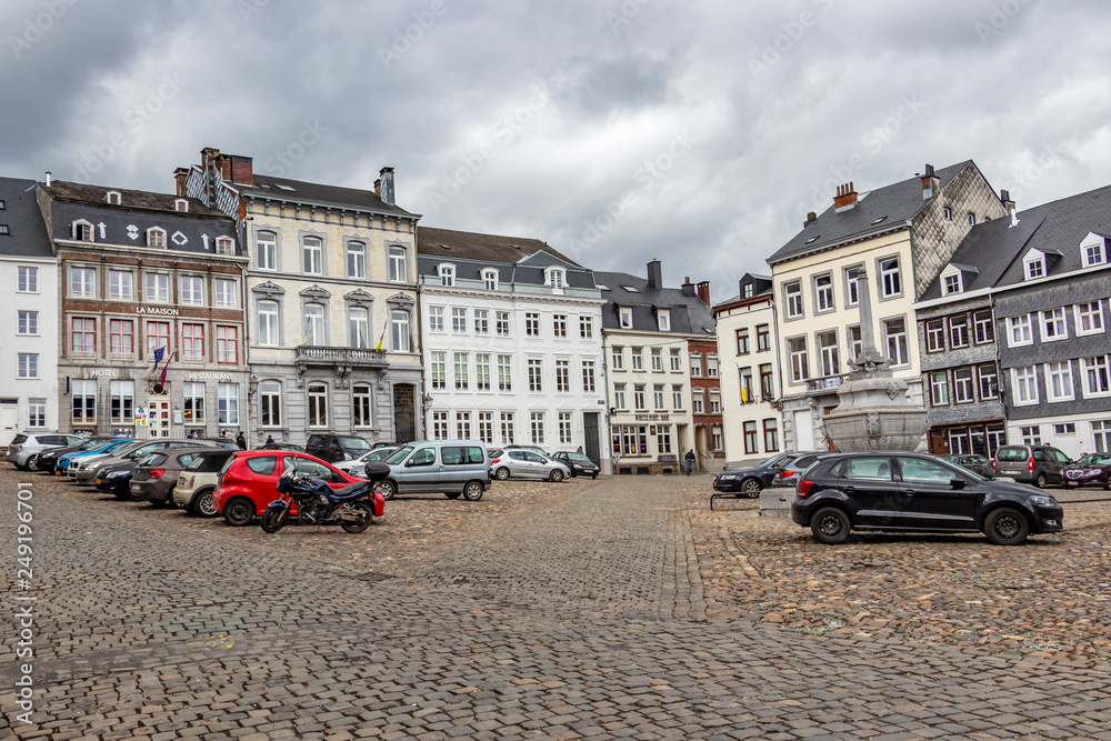 Place Saint-Remacle or Saint-Remacle Square view under a moody overcast March sky, at Stavelot, Belgium