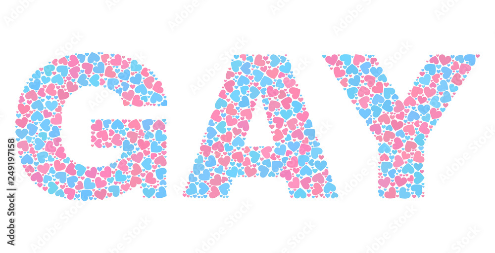 GAY text designed with scattered pink and blue lovely hearts. Text caption is isolated on a white background. Vector collage GAY for Valentine purposes. GAY text designed with scattered pink and blue lovely hearts. Text caption is isolated on a white background. Vector collage GAY for Valentine purposes.