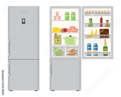 Fridge with open doors, a full of food. There is a champagne bottle, a box of chocolates, a milk, a juice, a sausage, bananas, eggs, ketchup and vegetables in the picture. Vector illustration