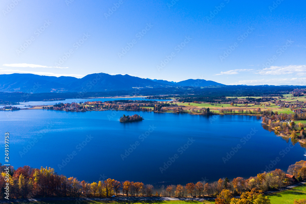 Germany, Bavaria, East Allgaeu, Garmisch-Partenkirchen district, Alpine Foreland, Aerial view of Staffelsee lake with islands Germany, Bavaria, East Allgaeu, Garmisch-Partenkirchen district, Alpine Foreland, Aerial view of Staffelsee lake with islands