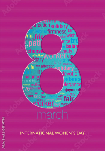 International Women's Day title with number 8 and a cloud of words inside the silhouette in green, blue, pink and violet colors on a purple background