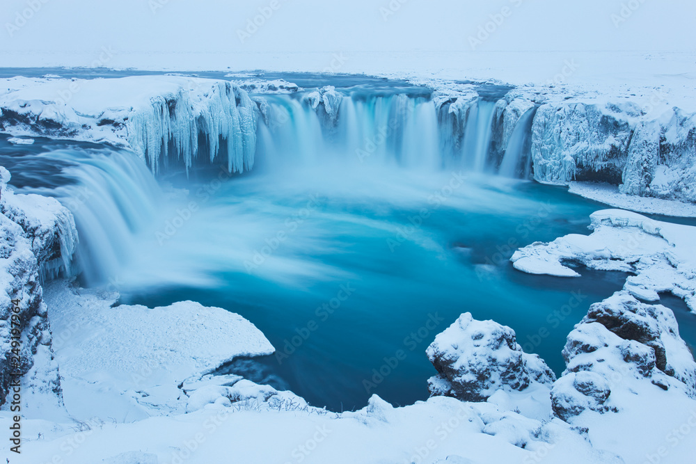 Beautiful Godafoss-Waterfall in Winter Covered in Snow, Iceland Beautiful Godafoss-Waterfall in Winter Covered in Snow, Iceland