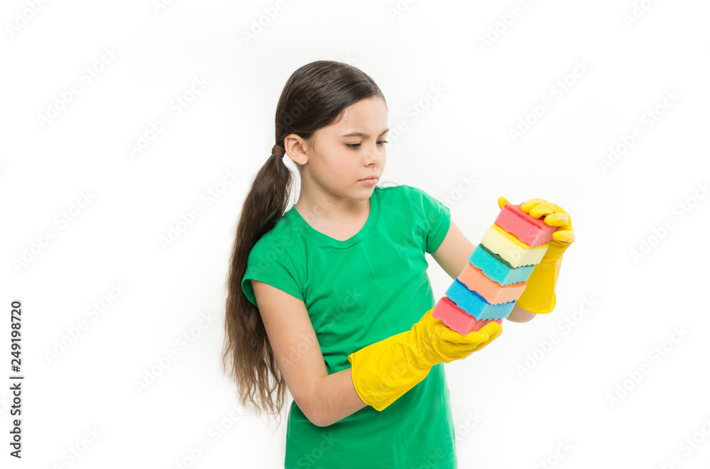 Maintaining the order in the house. Pretty kitchen maid. Household duties. Small housekeeper holding dish sponges in rubber gloves. Little housemaid ready for household help. Cleaning and washing up Maintaining the order in the house. Pretty kitchen maid. Household duties. Small housekeeper holding dish sponges in rubber gloves. Little housemaid ready for household help. Cleaning and washing up