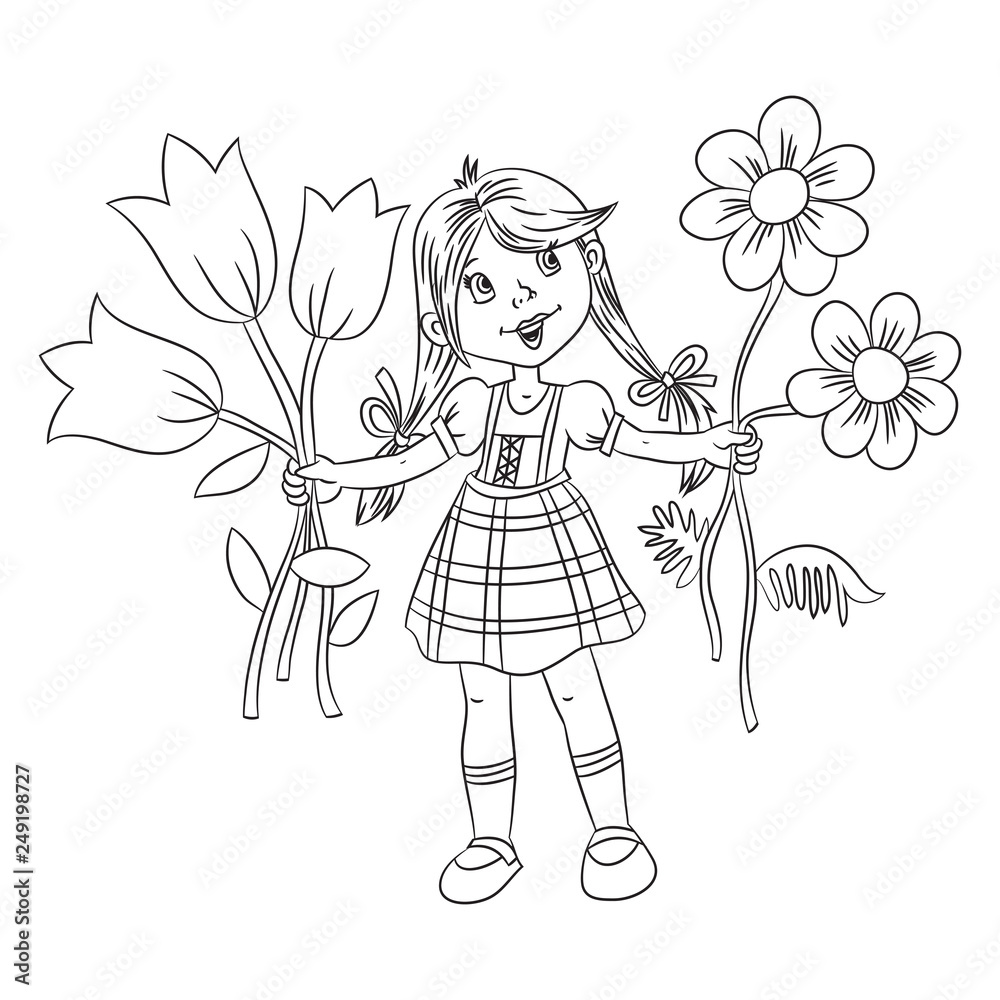 Fototapeta premium girl with flowers, vector illustration, black and white contour.