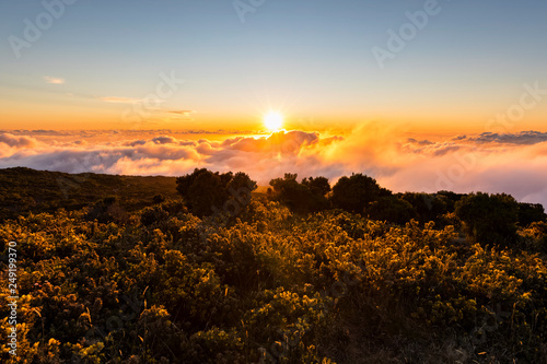 Reunion, Reunion National Park, Maido viewpoint, View from volcano Maido to sea of clouds and sunset photo