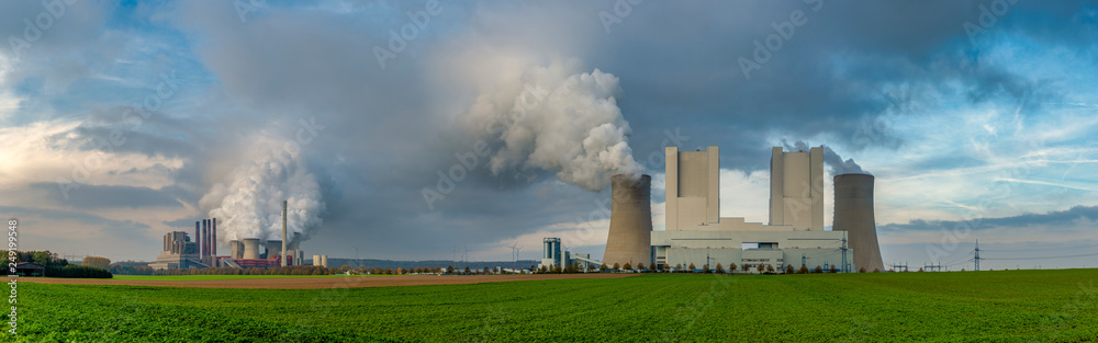 Germany, Grevenbroich, modern brown coal power stations, panoramic view Germany, Grevenbroich, modern brown coal power stations, panoramic view