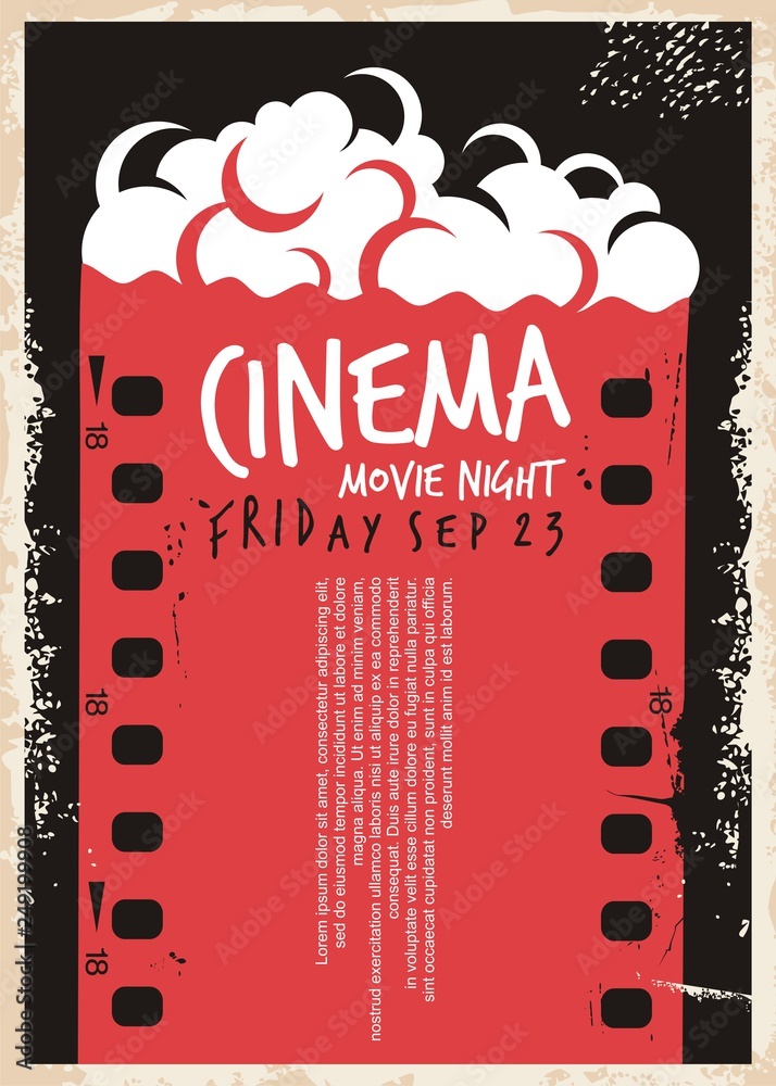 Cinema movie poster with film strip and pop corn. Movie night flyer  template. Retro ad cinema concept on old paper textured background. Vintage  vector illustration. Stock Vector