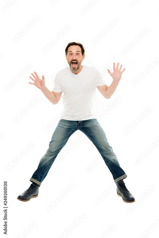 Man excited jumping. Mature charismatic speaker excited to inform. Full of excitement. Happy emotional guy. Good news. Excited face expression. Can not hide excitement. Explosion of positive emotions Man excited jumping. Mature charismatic speaker excited to inform. Full of excitement. Happy emotional guy. Good news. Excited face expression. Can not hide excitement. Explosion of positive emotions