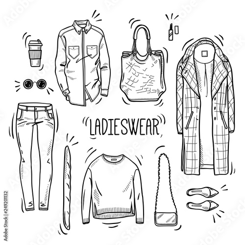 Hand drawn lady fashion set: shirt, overcoat, jumper, bags, shoes, jeans, and accessories. Vector isolated outline on white background. Sketch style