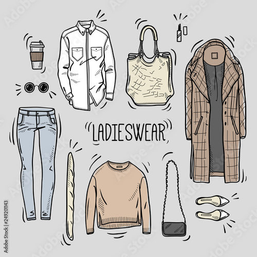Hand drawn lady fashion set: shirt, overcoat, jumper, bags, shoes, jeans, and accessories. Vector colored illustration. Sketch style