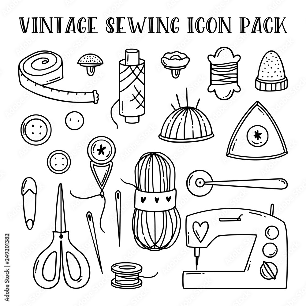 Freehand sewing and knitting icons. Hand drawn illustration of flat ...
