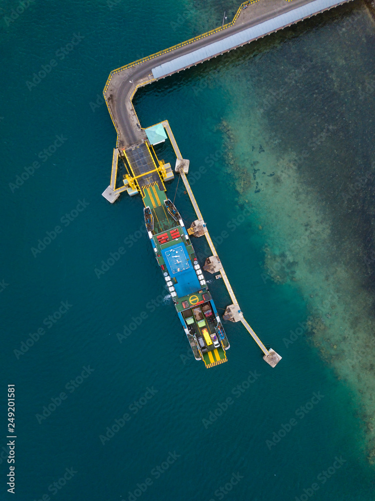 Indonesia, West Sumbawa, Aerial view of Poto Tano, harbor