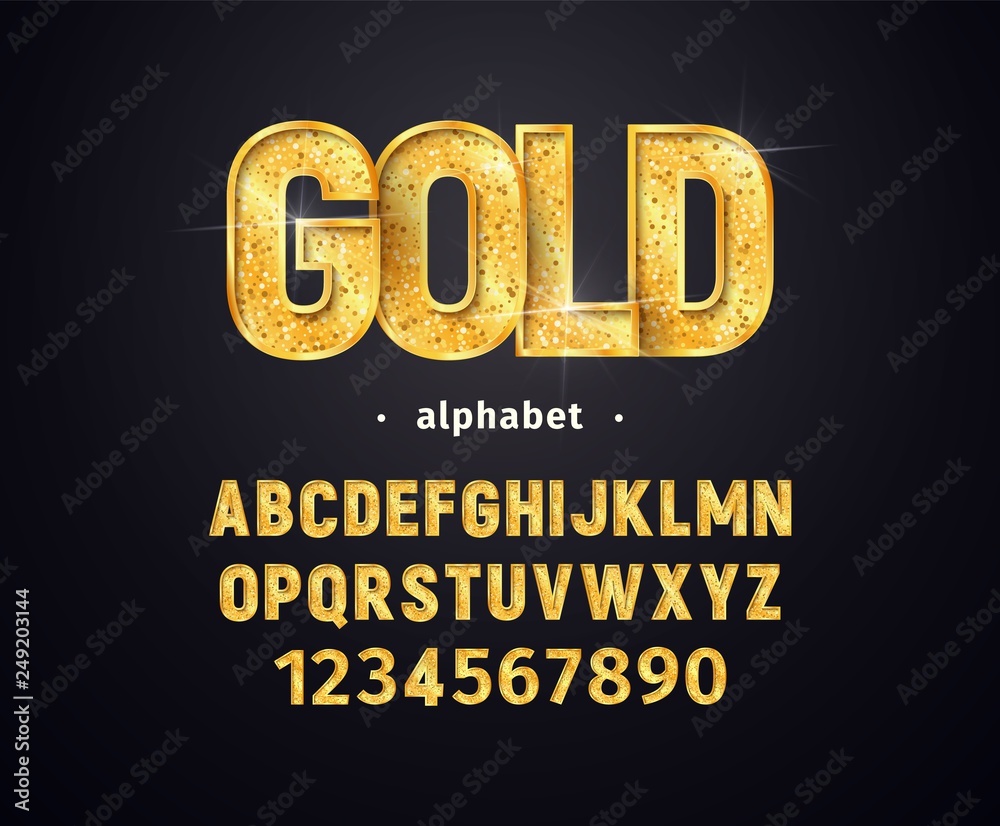 Fototapeta Vector golden alphabet. Set of gold letters and numbers isolated design elements. Collection of shiny luxury font