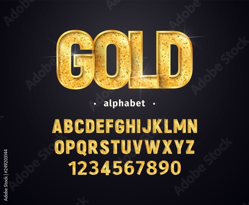 Vector golden alphabet. Set of gold letters and numbers isolated design elements. Collection of shiny luxury font