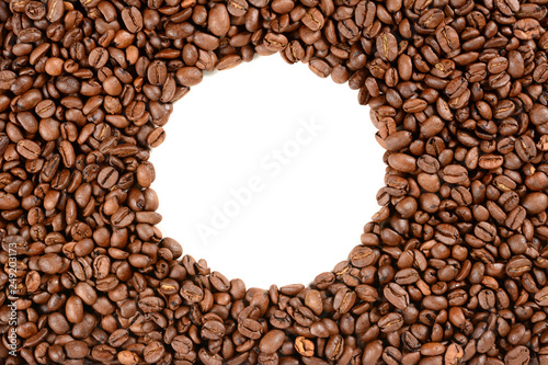 Coffee beans background with white circle copy space