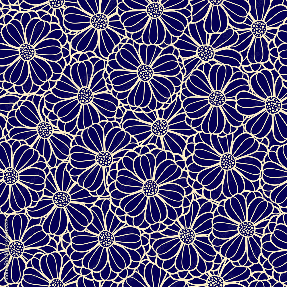 Vector floral pattern texture of overlapping flowers in nave blue and yellow. Elegant modern print for fabric, home decor, scrapbooking projects.