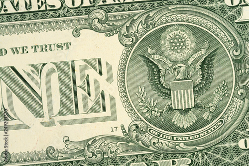 Part of one dollar bill background, back side. High resolution photo close-up macro.
