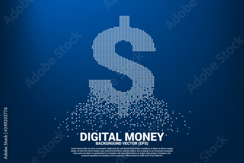 Vector money dollar icon from flying square pixel. Concept for financial network connection.