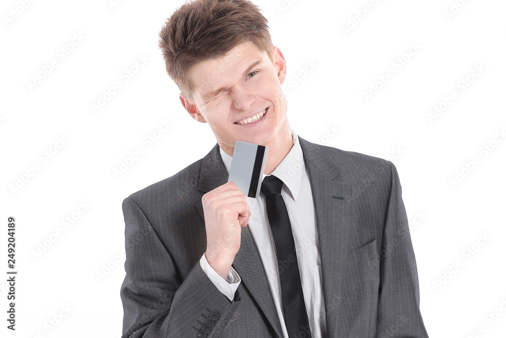 successful businessman holding out a blank business card. successful businessman holding out a blank business card.
