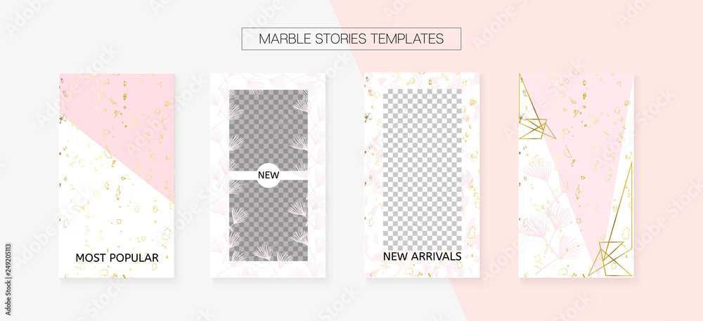 Fototapeta Stories Template Cool SMM Vector Layout. Social Media Blogger Cards Set. Textured Apps Design Pack. Minimal App Kit, Pink White Gold Rich VIP Geometric Marble Patterns. Stories Template VIP Layout.