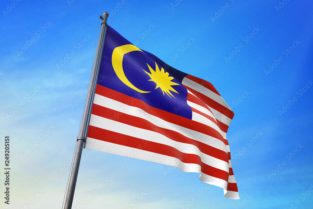 Malaysia flag waving on the blue sky 3D illustration