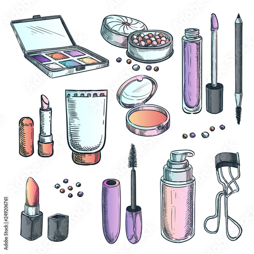 Makeup cosmetics vector sketch illustration. Female fashion design elements. Hand drawn beauty and care products.
