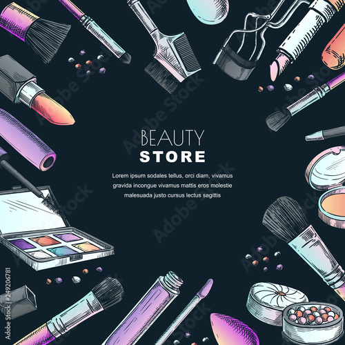Makeup banner, poster or label design template.Sketch vector illustration of facial cosmetic. Beauty shop background.