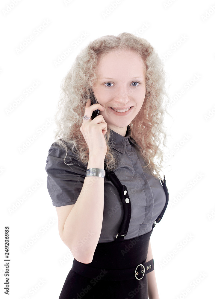 young woman assistant talking on mobile phone young woman assistant talking on mobile phone