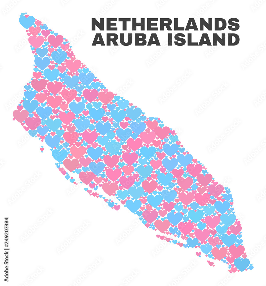 Mosaic Aruba Island map of lovely hearts in pink and blue colors isolated on a white background. Lovely heart collage in shape of Aruba Island map. Abstract design for Valentine illustrations. Mosaic Aruba Island map of lovely hearts in pink and blue colors isolated on a white background. Lovely heart collage in shape of Aruba Island map. Abstract design for Valentine illustrations.