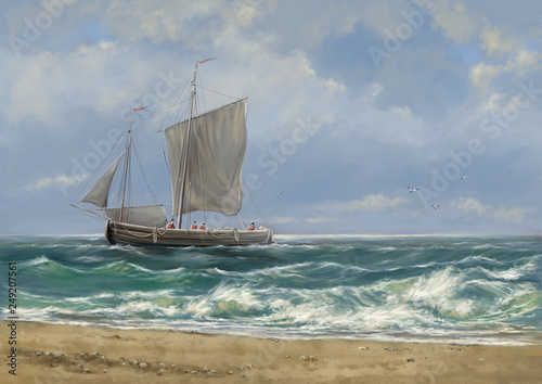 Paintings sea landscape, old sailing ship on the sea. Fine art.