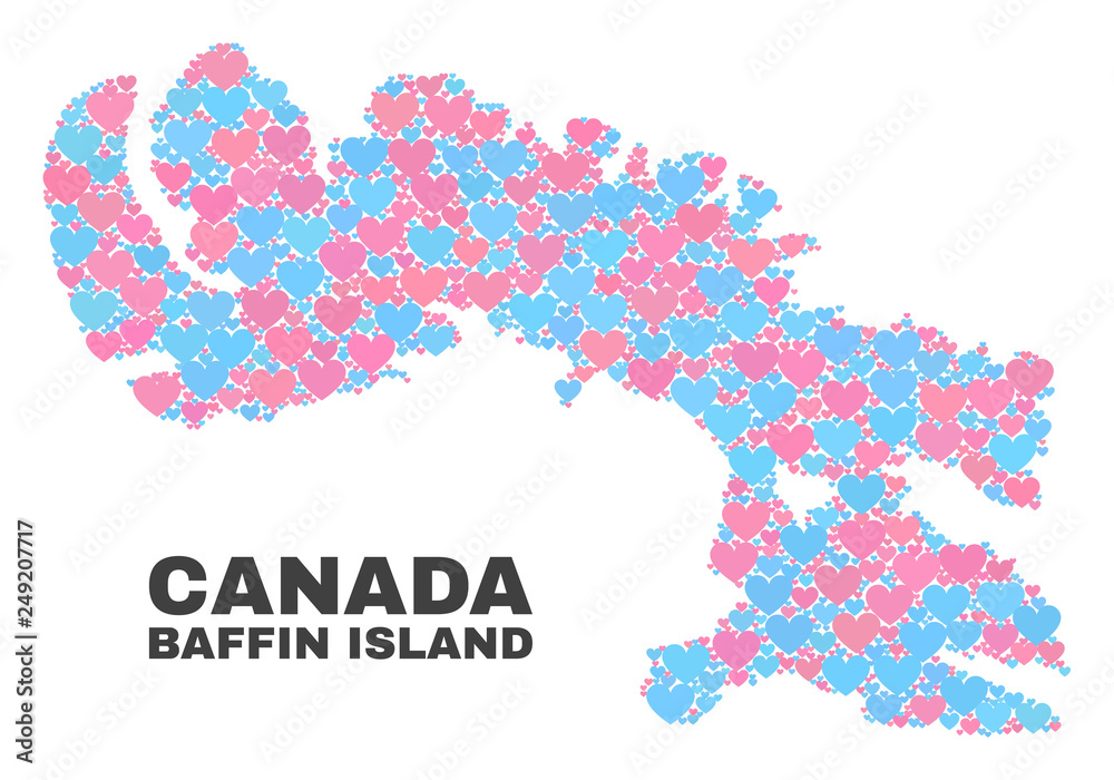 Mosaic Baffin Island map of lovely hearts in pink and blue colors isolated on a white background. Lovely heart collage in shape of Baffin Island map. Abstract design for Valentine decoration. Mosaic Baffin Island map of lovely hearts in pink and blue colors isolated on a white background. Lovely heart collage in shape of Baffin Island map. Abstract design for Valentine decoration.