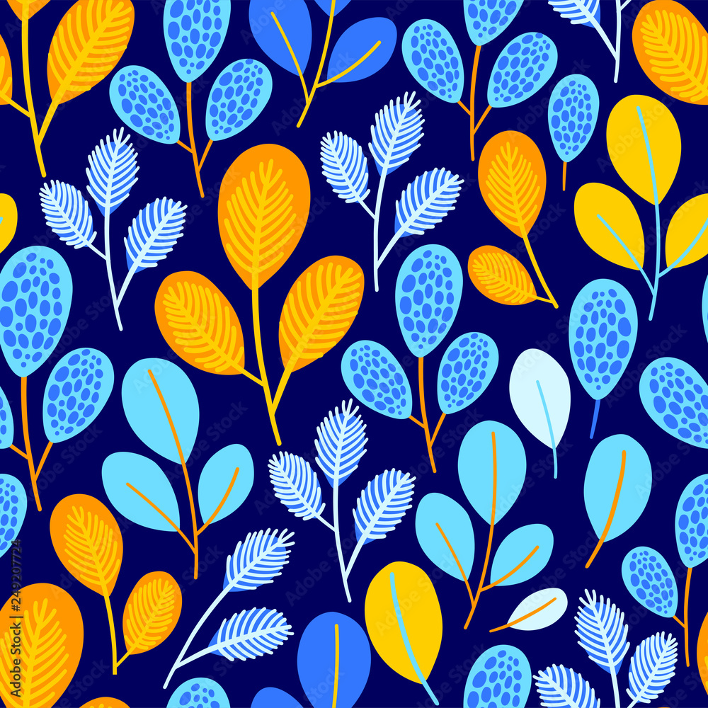 Fototapeta Vector seamless pattern on dark blue color with leaves and branch. Abstract background with floral elements. Natural design.