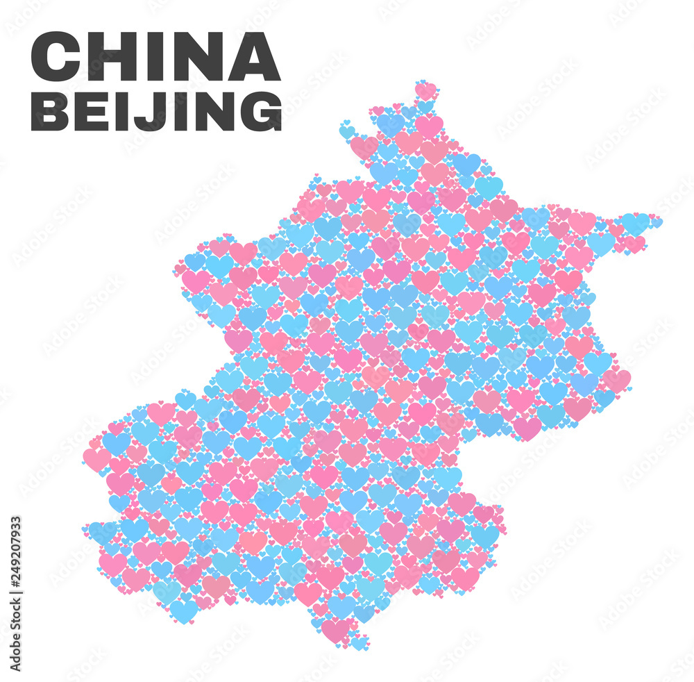 Mosaic Beijing City map of valentine hearts in pink and blue colors isolated on a white background. Lovely heart collage in shape of Beijing City map. Abstract design for Valentine illustrations.