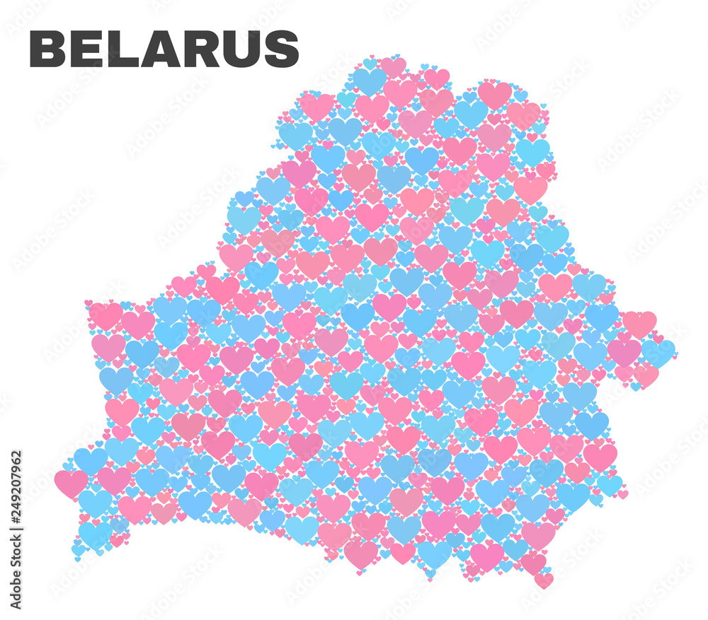 Mosaic Belarus map of lovely hearts in pink and blue colors isolated on a white background. Lovely heart collage in shape of Belarus map. Abstract design for Valentine illustrations.