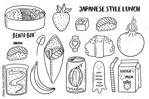 Pack of cute doodle style illustration of most common japanese food.