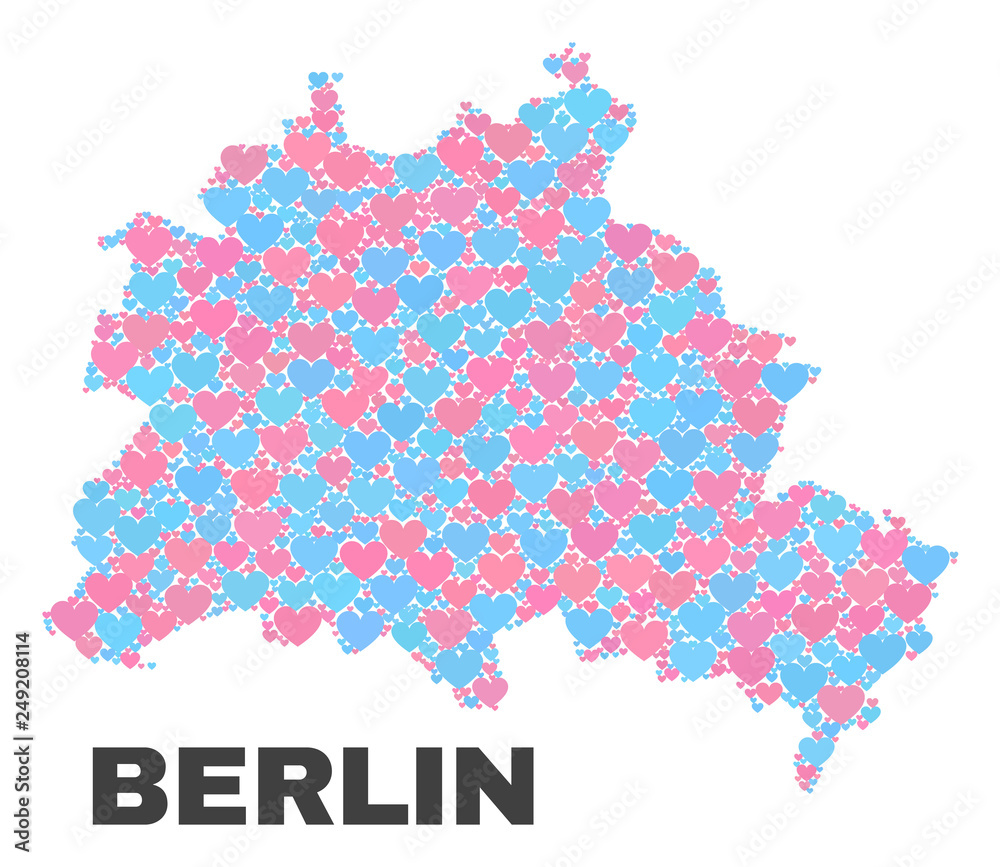 Mosaic Berlin City map of valentine hearts in pink and blue colors isolated on a white background. Lovely heart collage in shape of Berlin City map. Abstract design for Valentine decoration.