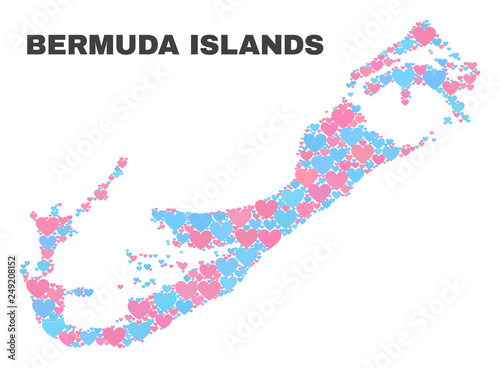 Mosaic Bermuda Islands map of lovely hearts in pink and blue colors isolated on a white background. Lovely heart collage in shape of Bermuda Islands map. Abstract design for Valentine illustrations.
