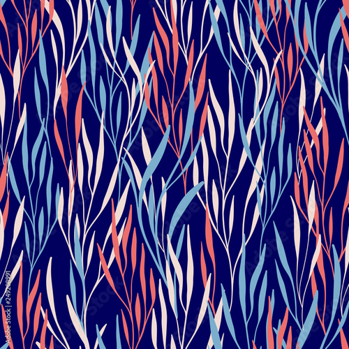Vector seamless pattern on blue with leaves. Abstract background with floral elements. Natural design.