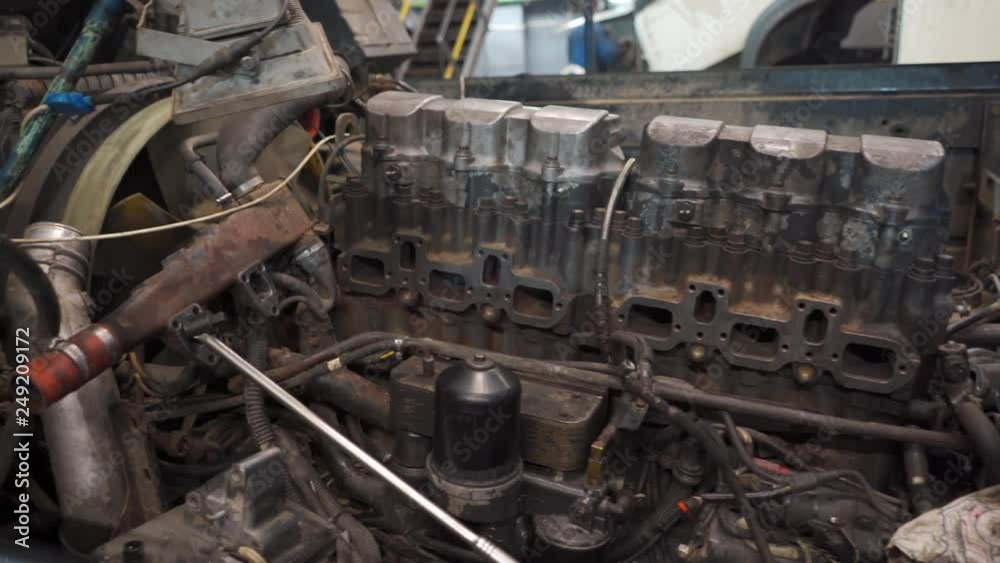 panorama of the truck engine in the service station panorama of the truck engine in the service station