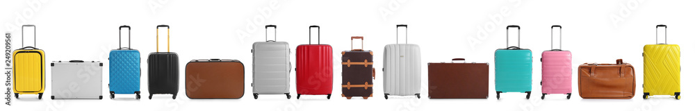 Set of different suitcases for travelling on white background Set of different suitcases for travelling on white background