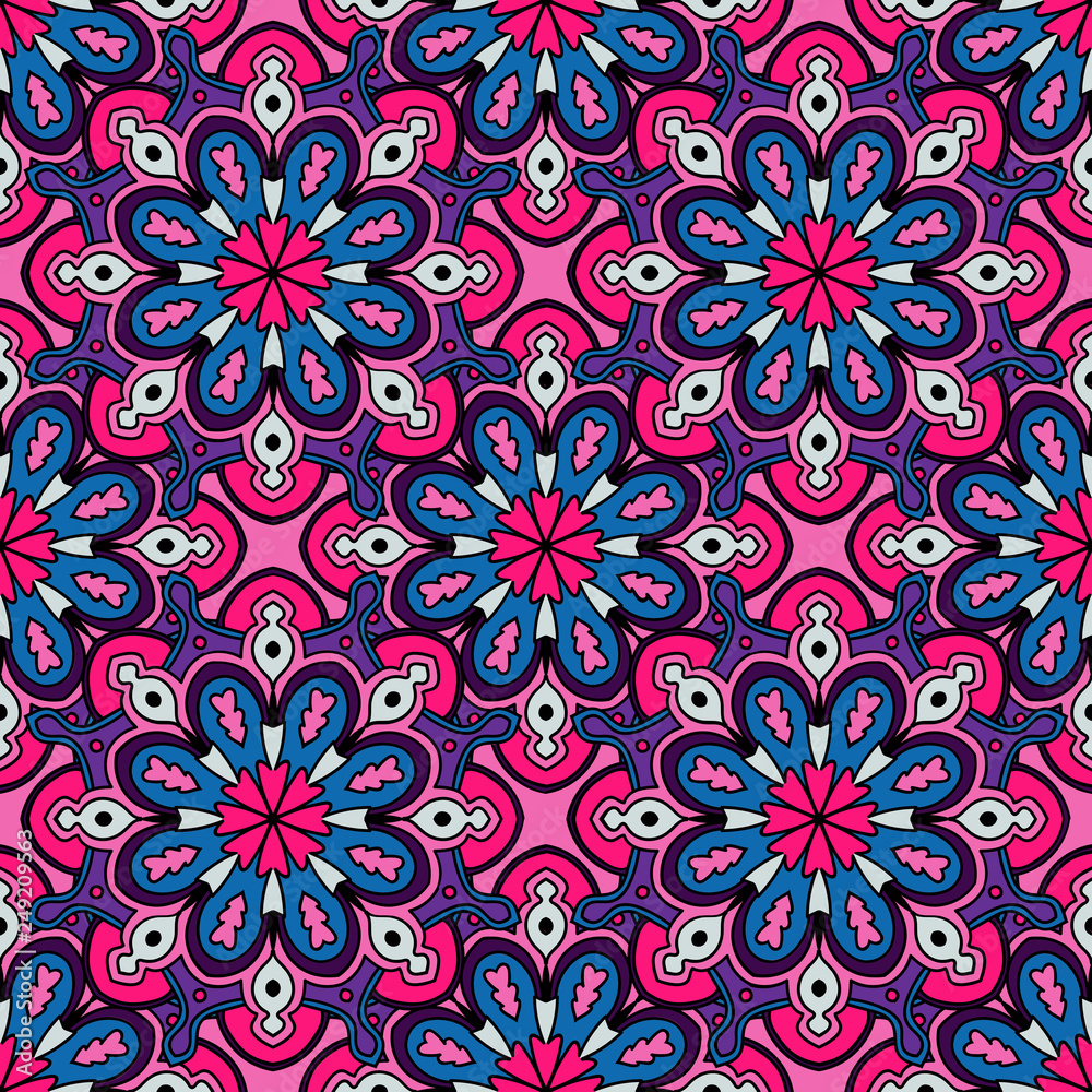 Abstract seamless pattern with mandala flower. Mosaic, tile. Floral background. Vector illustration. Abstract seamless pattern with mandala flower. Mosaic, tile. Floral background. Vector illustration.