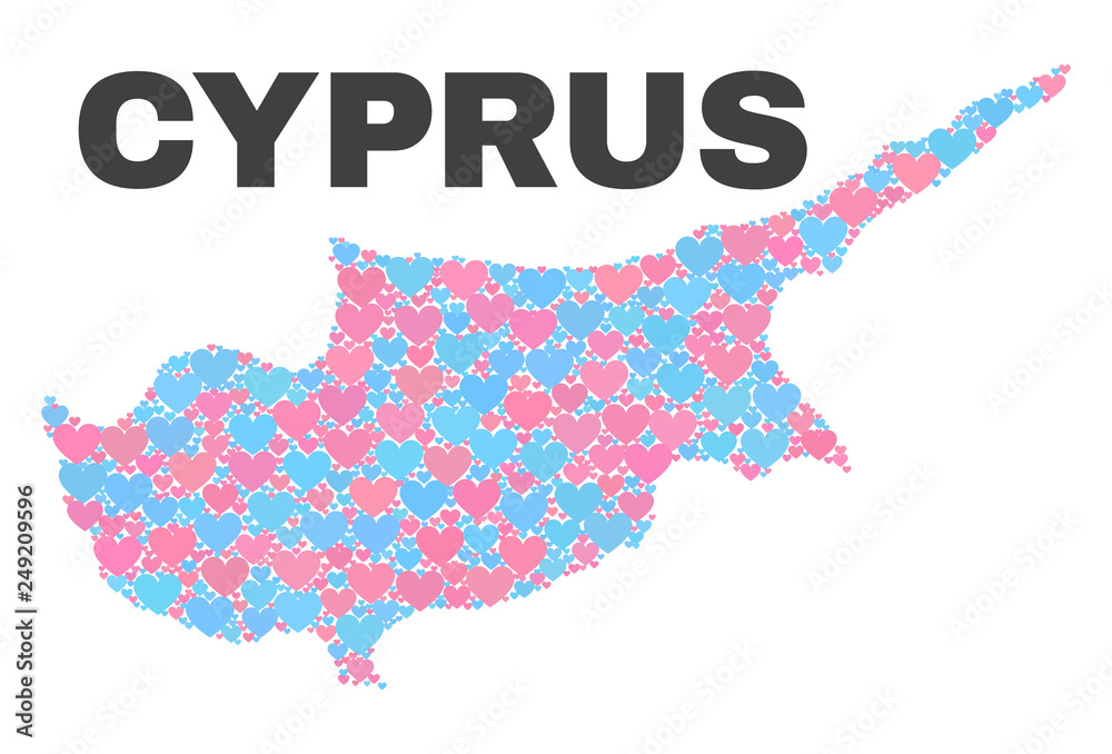 Mosaic Cyprus map of lovely hearts in pink and blue colors isolated on a white background. Lovely heart collage in shape of Cyprus map. Abstract design for Valentine decoration.