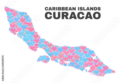 Mosaic Curacao Island map of valentine hearts in pink and blue colors isolated on a white background. Lovely heart collage in shape of Curacao Island map. Abstract design for Valentine decoration.