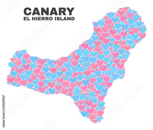 Mosaic El Hierro Island map of valentine hearts in pink and blue colors isolated on a white background. Lovely heart collage in shape of El Hierro Island map.