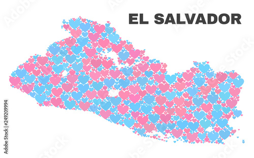 Mosaic El Salvador map of lovely hearts in pink and blue colors isolated on a white background. Lovely heart collage in shape of El Salvador map. Abstract design for Valentine illustrations.