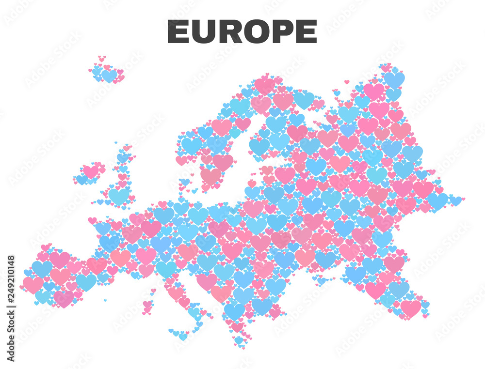 Mosaic Europe map of lovely hearts in pink and blue colors isolated on a  white background. Lovely heart collage in shape of Europe map. Abstract  design for Valentine illustrations. Stock Vector |