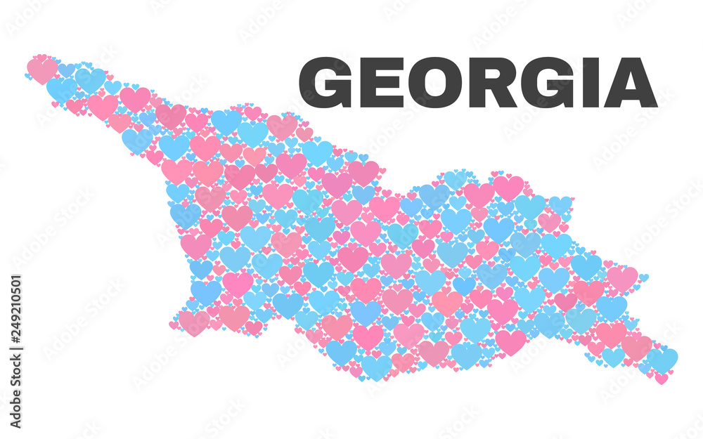 Mosaic Georgia map of valentine hearts in pink and blue colors isolated on a white background. Lovely heart collage in shape of Georgia map. Abstract design for Valentine illustrations.
