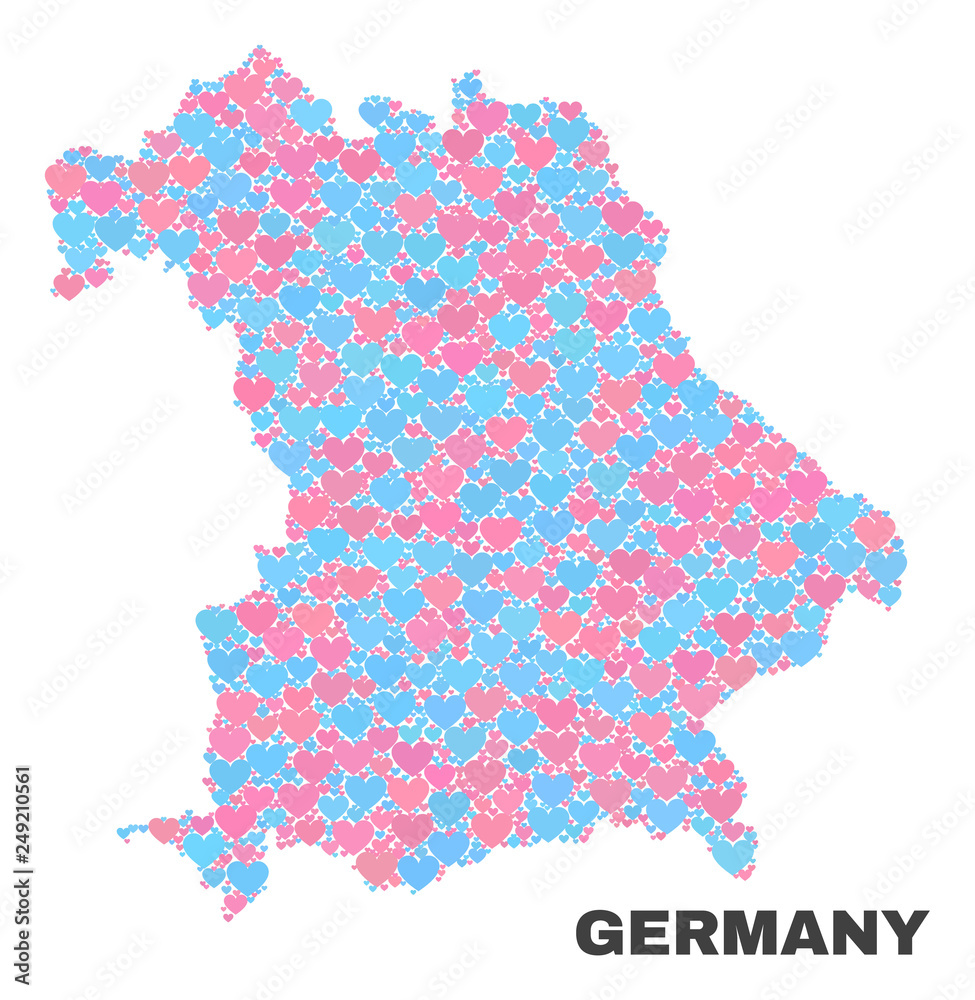 Mosaic Germany map of valentine hearts in pink and blue colors isolated on a white background. Lovely heart collage in shape of Germany map. Abstract design for Valentine decoration.