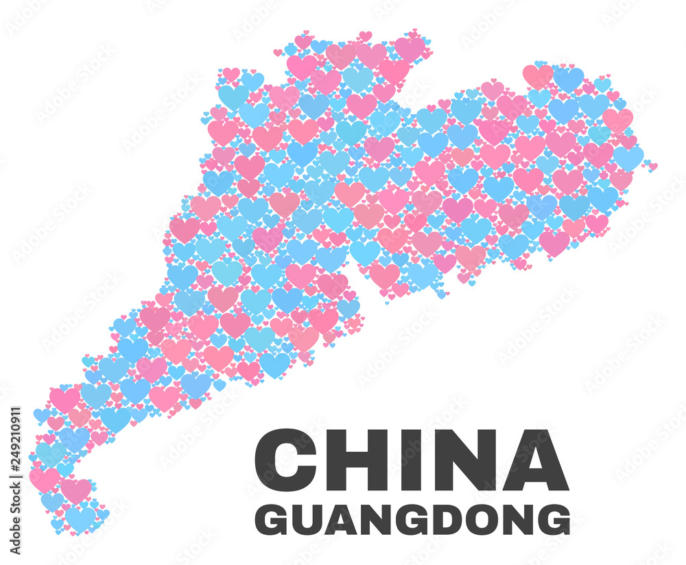 Mosaic Guangdong Province map of lovely hearts in pink and blue colors isolated on a white background. Lovely heart collage in shape of Guangdong Province map. Mosaic Guangdong Province map of lovely hearts in pink and blue colors isolated on a white background. Lovely heart collage in shape of Guangdong Province map.