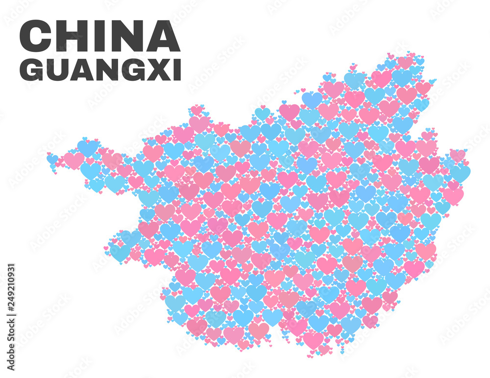 Mosaic Guangxi Province map of love hearts in pink and blue colors isolated on a white background. Lovely heart collage in shape of Guangxi Province map. Abstract design for Valentine decoration.